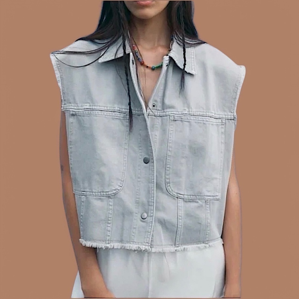 ZARA Oversized Sleeveless Raw Fringed Edge Denim Vest Pastel Gray